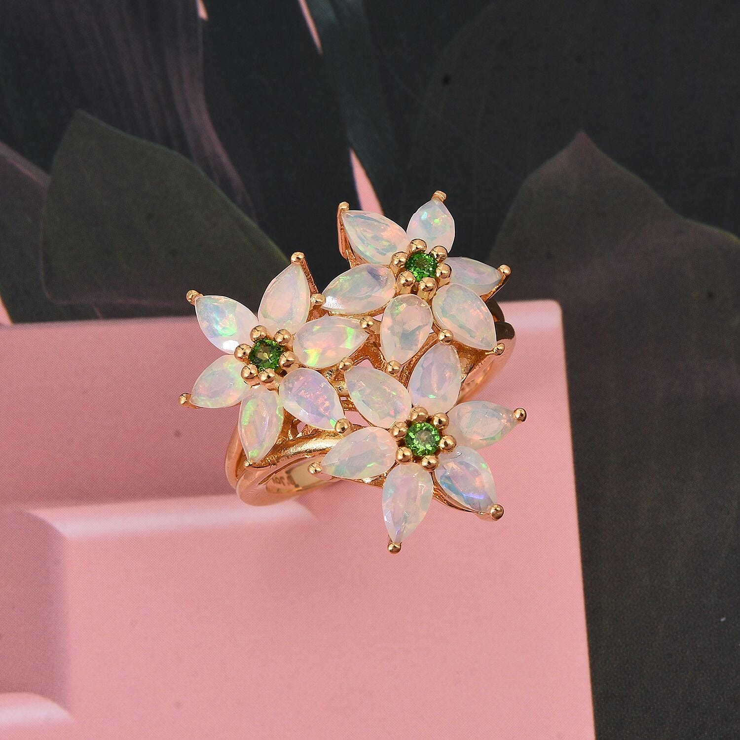 D'Joy Ethiopian Opal & Natural Chrome Diopside Ring in 18K Yellow Gold Plated Sterling Silver 2.41 Ct.