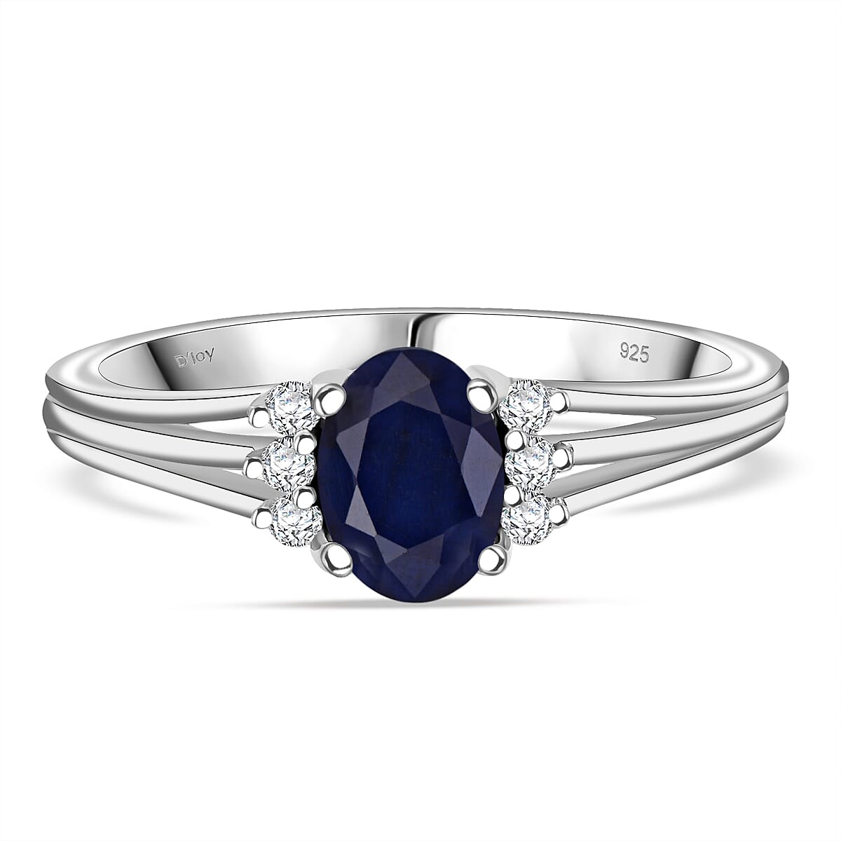 D'Joy Masoala Sapphire & White Zircon Ring in Rhodium Overlay Sterling Silver 1.40 Ct.