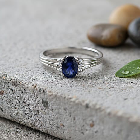 D'Joy Masoala Sapphire & White Zircon Ring in Rhodium Overlay Sterling Silver 1.40 Ct.