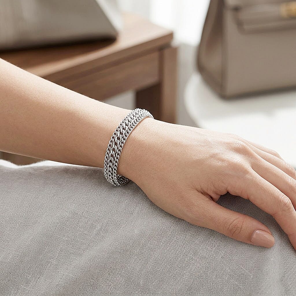 Woven Link Chain Bracelet (Size - 7.5) in White Tone