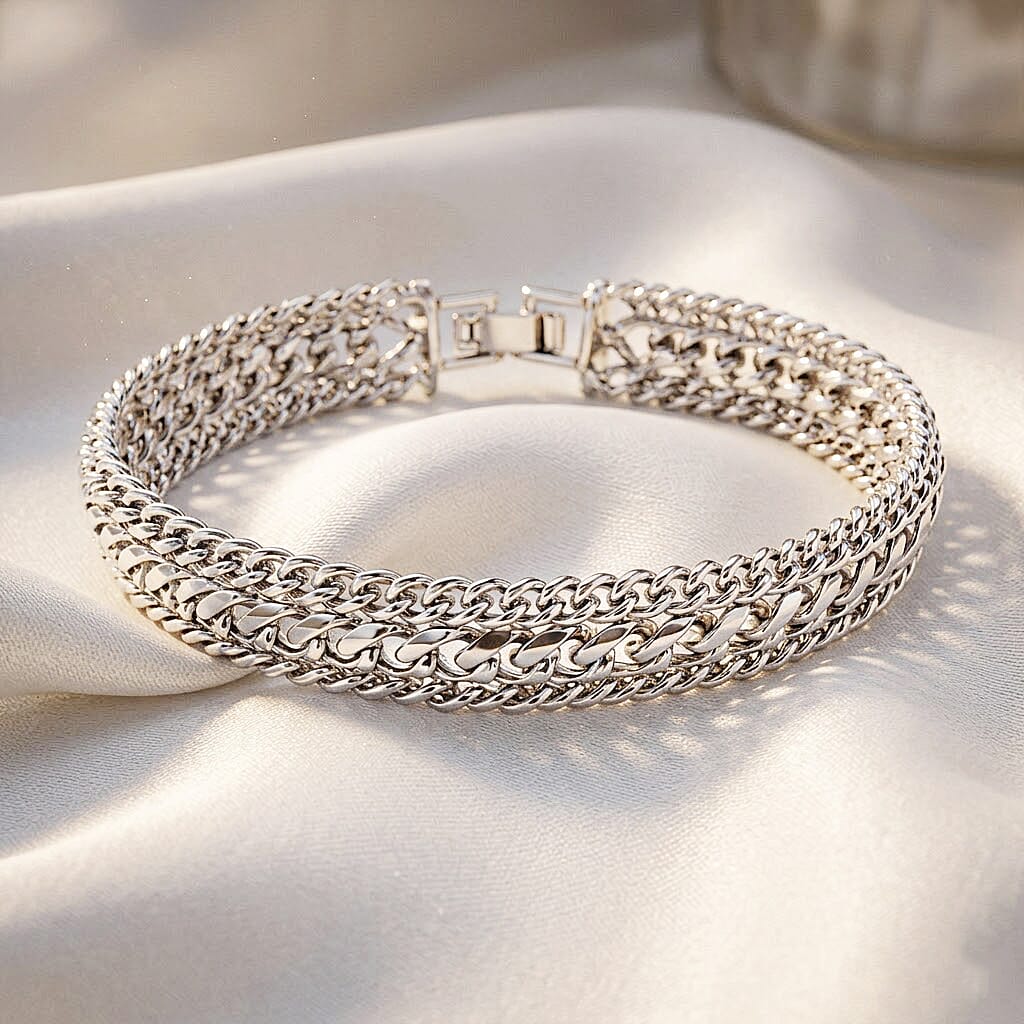 Woven Link Chain Bracelet (Size - 7.5) in White Tone
