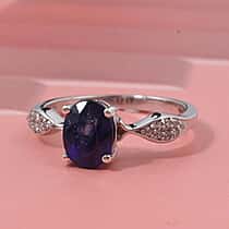 D'Joy Masoala Sapphire & White Zircon Ring in Rhodium Overlay Sterling Silver 2.04 Ct.