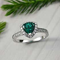 LUXURIANT Lab Grown Emerald, Lab Grown Diamond Halo Ring in Rhodium Overlay Sterling Silver 1.38 Ct. (SI-GH)