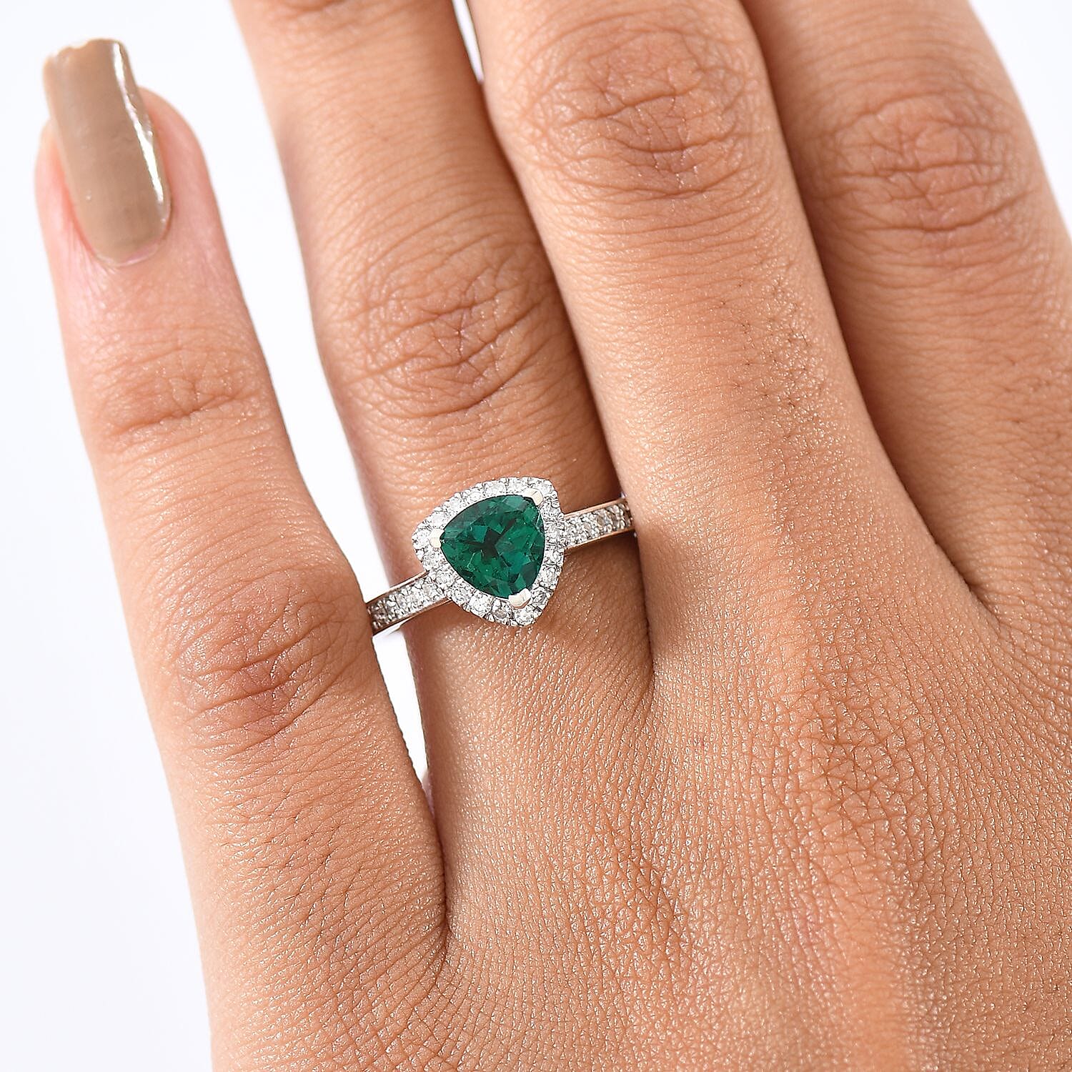 Luxuriant Lab Grown Emerald Trillion Cut & Lab Grown Diamond (SI-GH) Ring in Rhodium Overlay Sterling Silver 1.40 Ct.