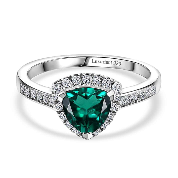 LUXURIANT Lab Grown Emerald, Lab Grown Diamond Halo Ring in Rhodium Overlay Sterling Silver 1.38 Ct. (SI-GH)