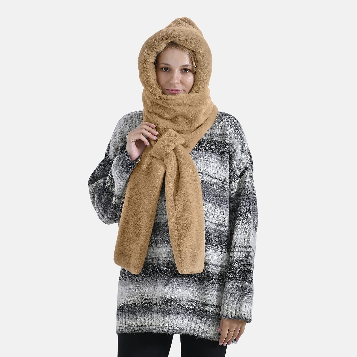 Super Soft Plush Hat and Scarf Set - Light Brown