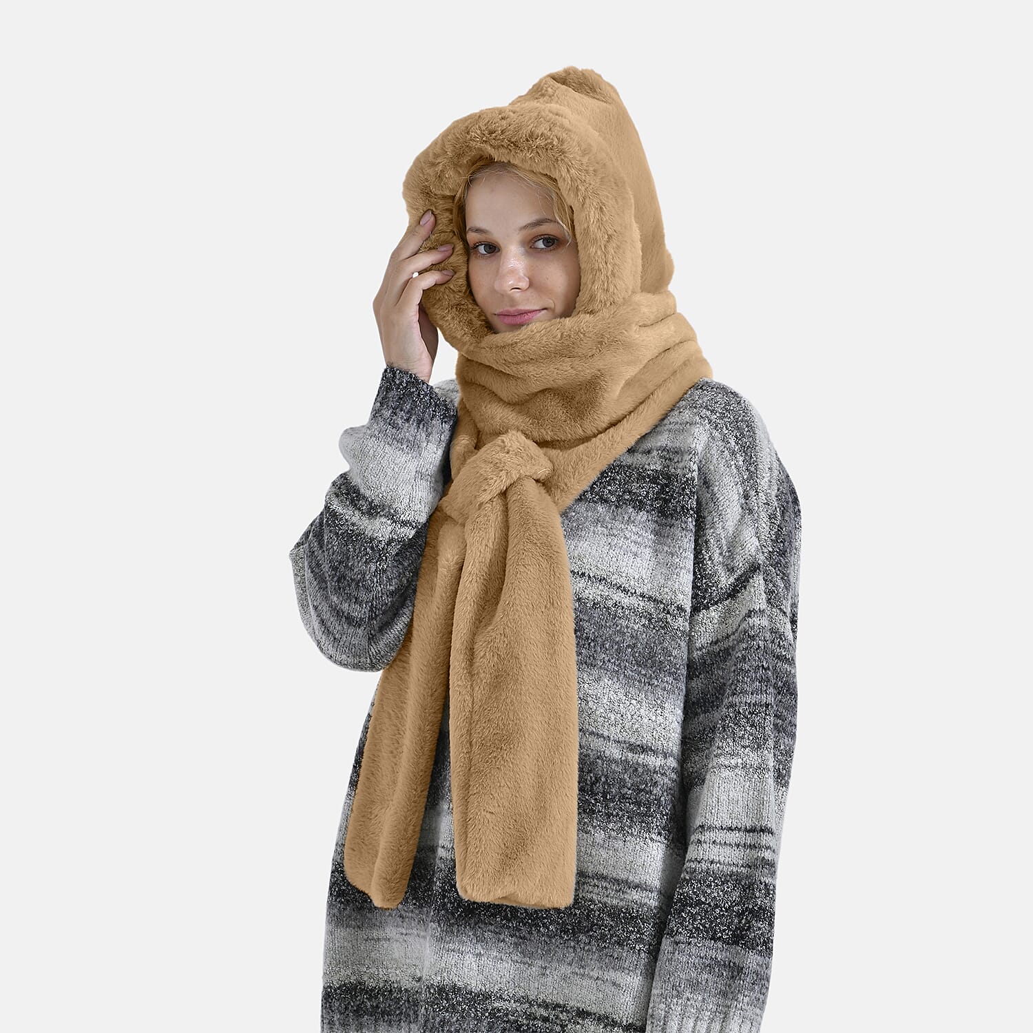 Super Soft Plush Hat and Scarf Set - Light Brown