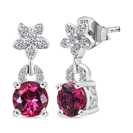 Luxuriant Lab Grown Bixbite & White Zircon Dangling Earring with Push Back in Platinum Overlay Sterling Silver 1.95 Ct.