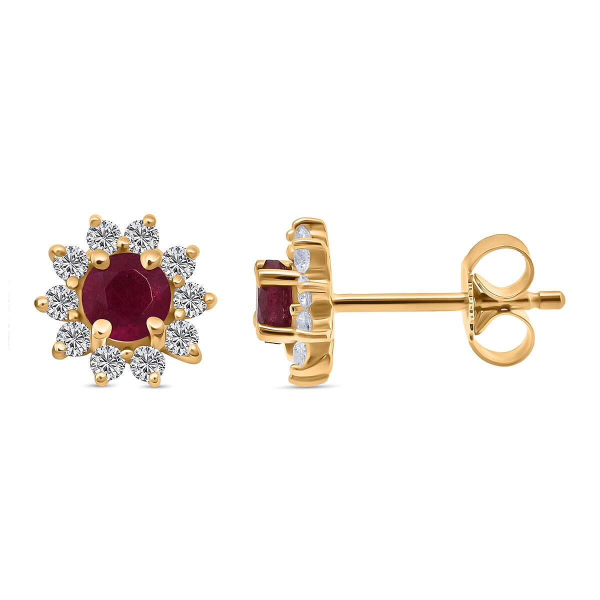 D'Joy African Ruby & White Zircon Earring with Push Back in Yellow Gold Plated Sterling Silver 2.06 Ct.