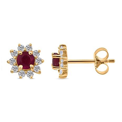 D'Joy African Ruby & White Zircon Earring with Push Back in Yellow Gold Plated Sterling Silver 2.06 Ct.