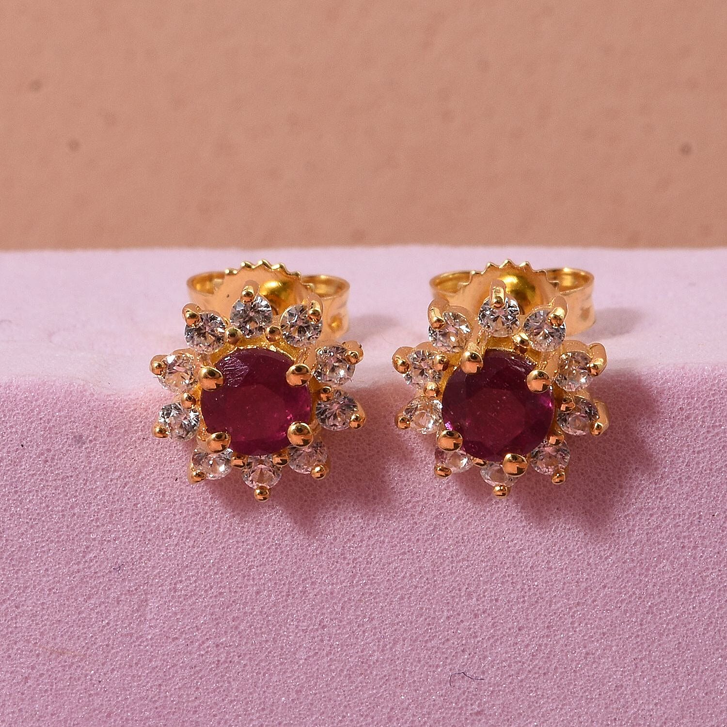D'Joy African Ruby & White Zircon Earring with Push Back in Yellow Gold Plated Sterling Silver 2.06 Ct.