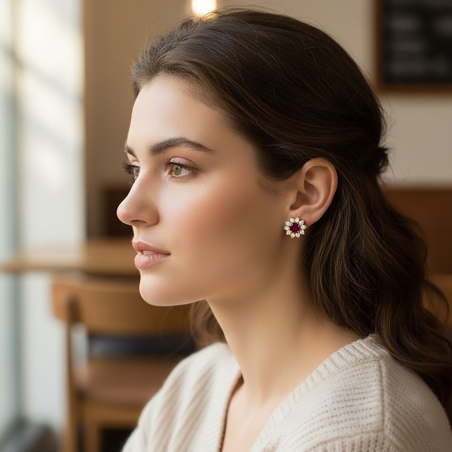 D'Joy African Ruby & White Zircon Earring with Push Back in Yellow Gold Plated Sterling Silver 2.06 Ct.