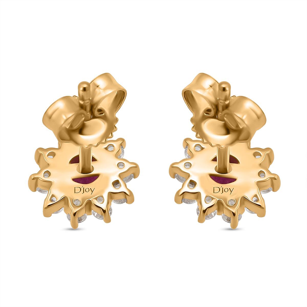 D'Joy African Ruby & White Zircon Earring with Push Back in Yellow Gold Plated Sterling Silver 2.06 Ct.