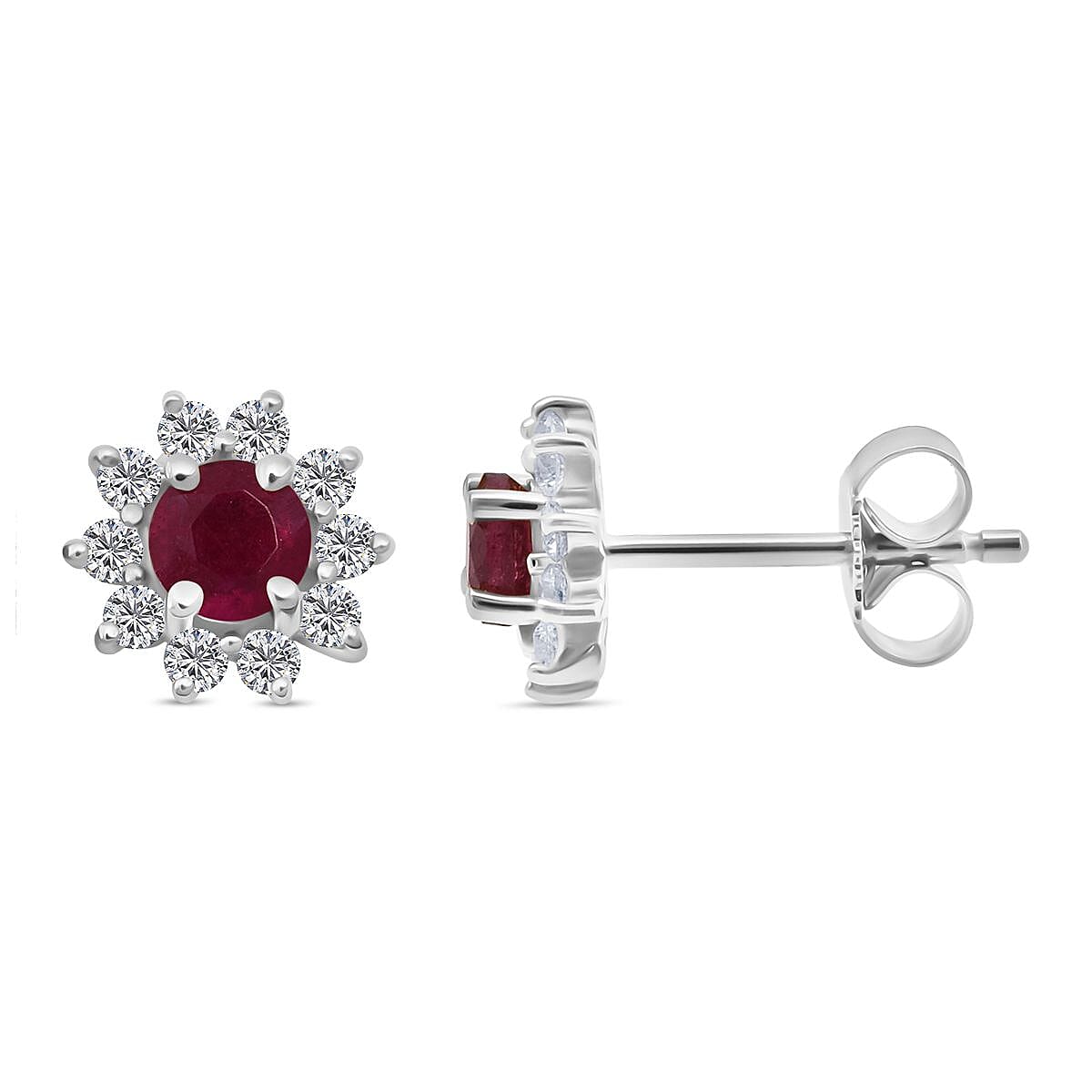 D'Joy African Ruby & White Zircon Earring with Push Back in Rhodium Overlay Sterling Silver 2.06 Ct.