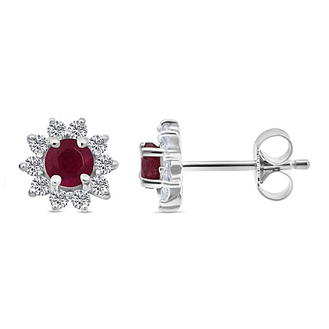D'Joy African Ruby & White Zircon Earring with Push Back in Rhodium Overlay Sterling Silver 2.06 Ct.