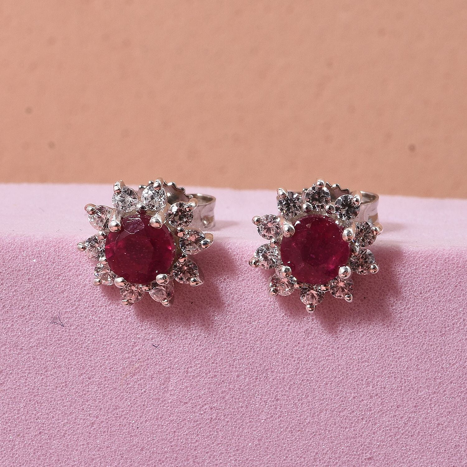 D'Joy African Ruby & White Zircon Earring with Push Back in Rhodium Overlay Sterling Silver 2.06 Ct.