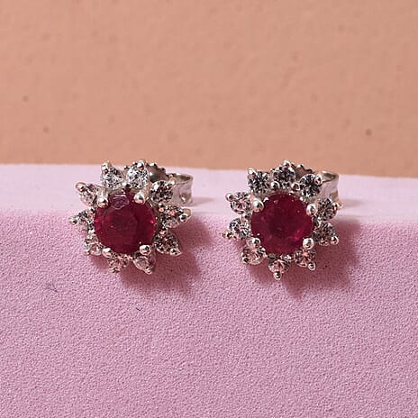 D'Joy African Ruby & White Zircon Earring with Push Back in Rhodium Overlay Sterling Silver 2.06 Ct.