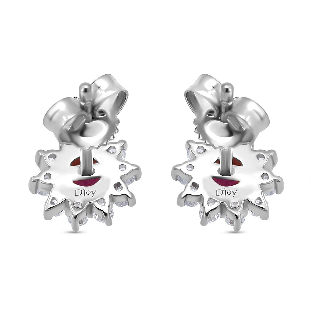 D'Joy African Ruby & White Zircon Earring with Push Back in Rhodium Overlay Sterling Silver 2.06 Ct.