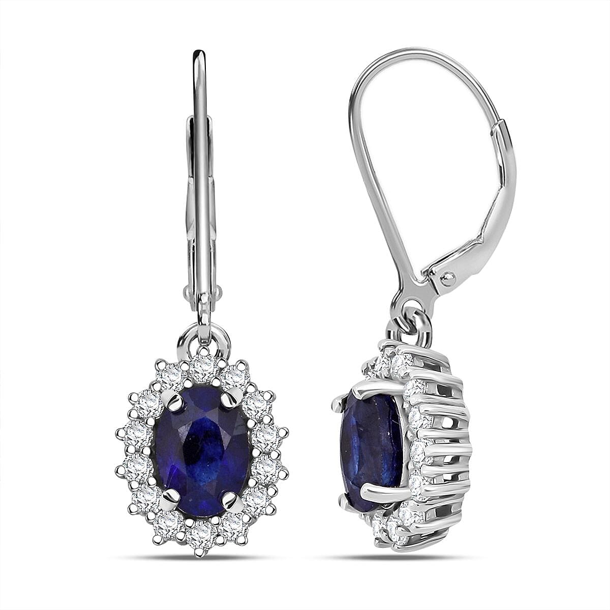 D'Joy Masoala Sapphire & White Zircon Earring in Rhodium Overlay Sterling Silver 3.70 Ct.