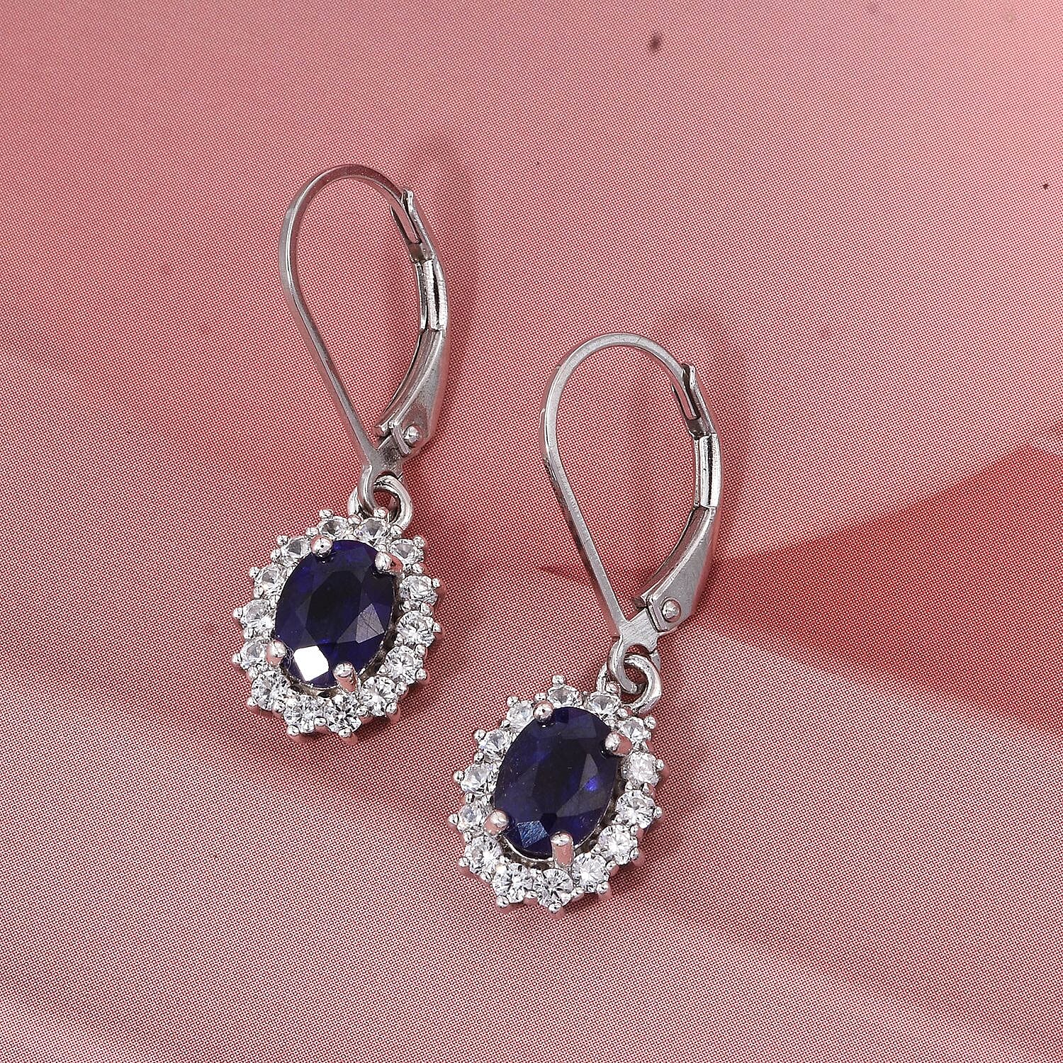 D'Joy Masoala Sapphire & White Zircon Earring in Rhodium Overlay Sterling Silver 3.70 Ct.