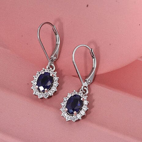D'Joy Masoala Sapphire & White Zircon Earring in Rhodium Overlay Sterling Silver 3.70 Ct.