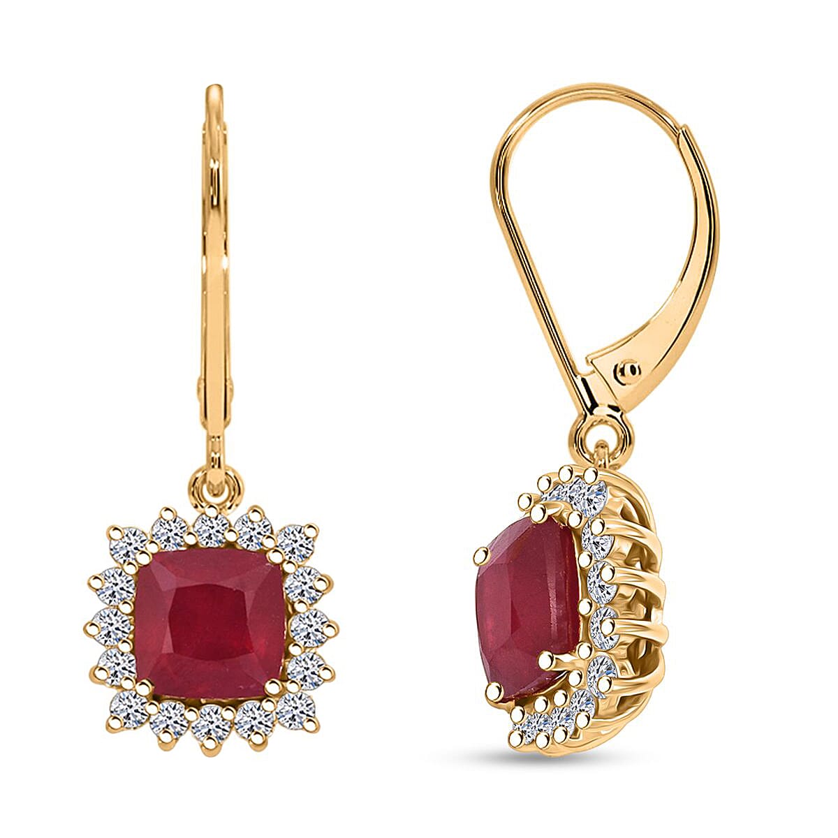 Luxuriant African Ruby & Lab Grown Diamond (SI-GH) 1.00 Cts Earring with Lever Back in 18K Vermeil Yellow Gold Plated Sterling Silver 5.96 Ct.