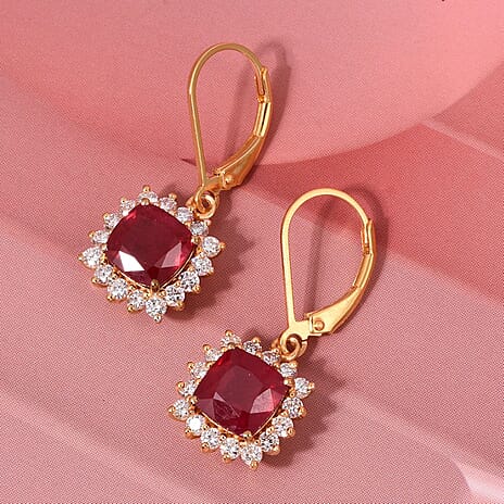 Luxuriant African Ruby & Lab Grown Diamond (SI-GH) 1.00 Cts Earring with Lever Back in 18K Vermeil Yellow Gold Plated Sterling Silver 5.96 Ct.