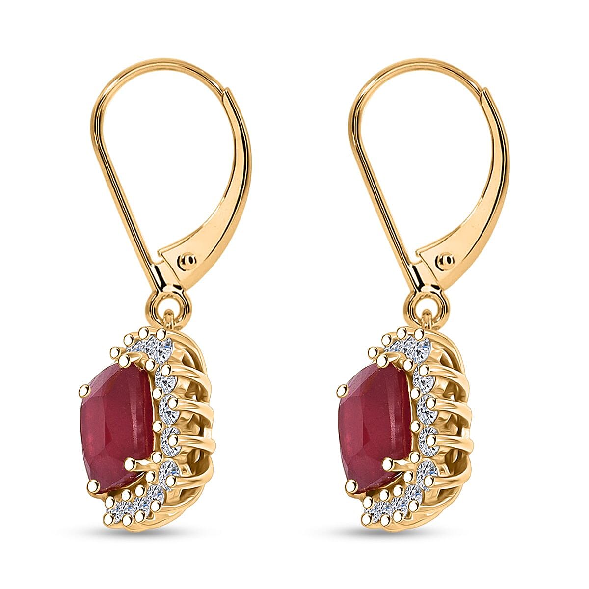 Luxuriant African Ruby & Lab Grown Diamond (SI-GH) 1.00 Cts Earring with Lever Back in 18K Vermeil Yellow Gold Plated Sterling Silver 5.96 Ct.