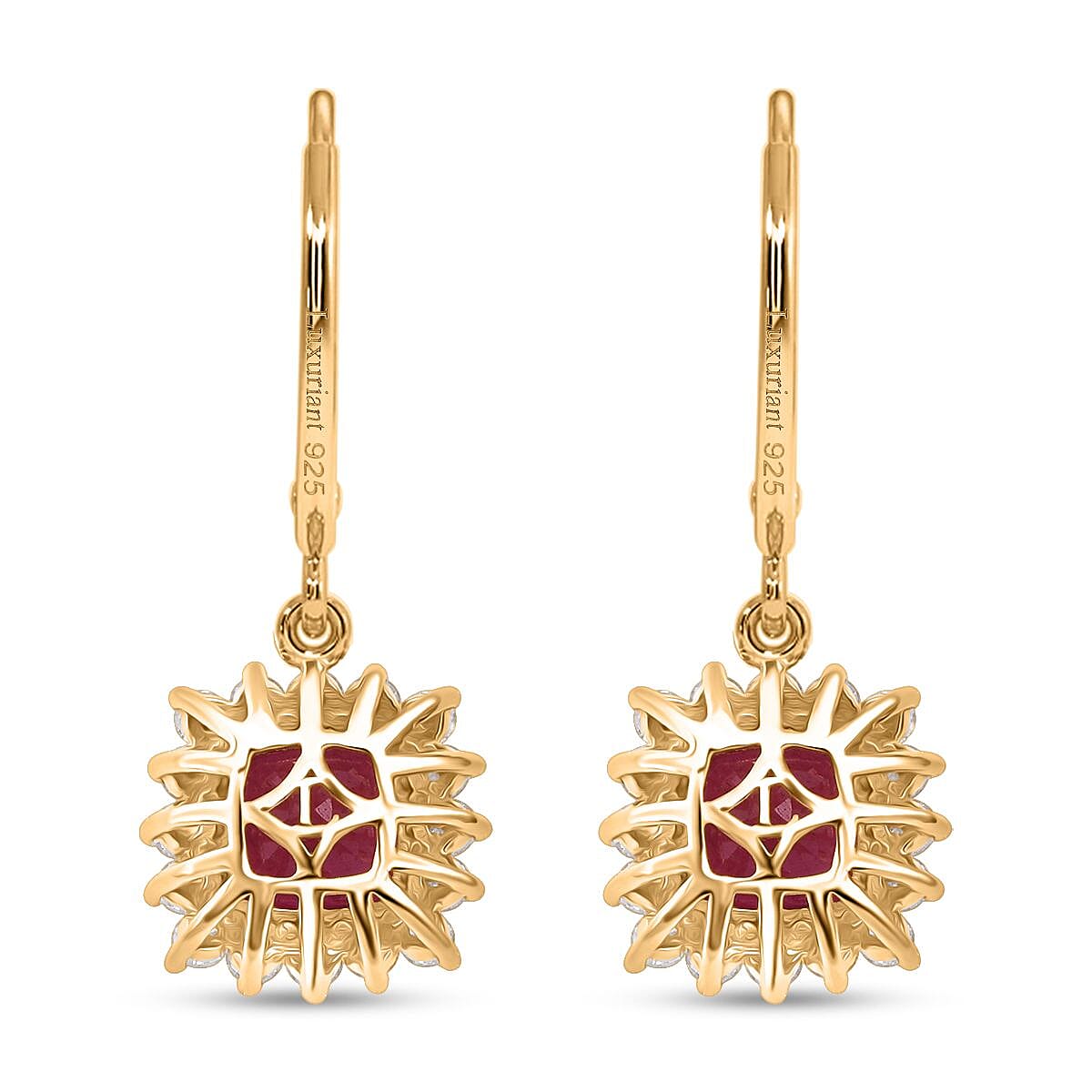 Luxuriant African Ruby & Lab Grown Diamond (SI-GH) 1.00 Cts Earring with Lever Back in 18K Vermeil Yellow Gold Plated Sterling Silver 5.96 Ct.