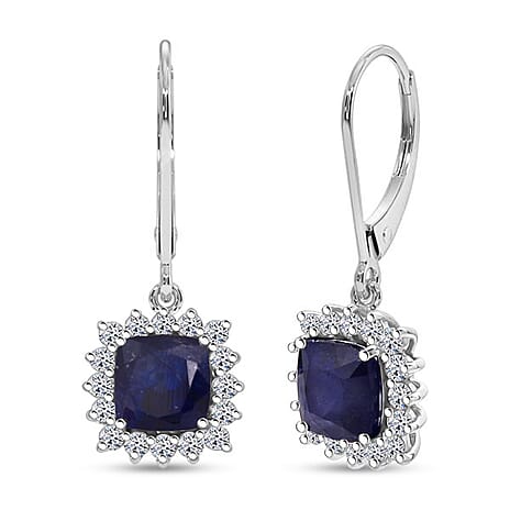 Luxuriant Masoala Sapphire & Lab Grown Diamond (SI-GH) Earring with Lever Back in Rhodium Overlay Sterling Silver 5.96 Ct.