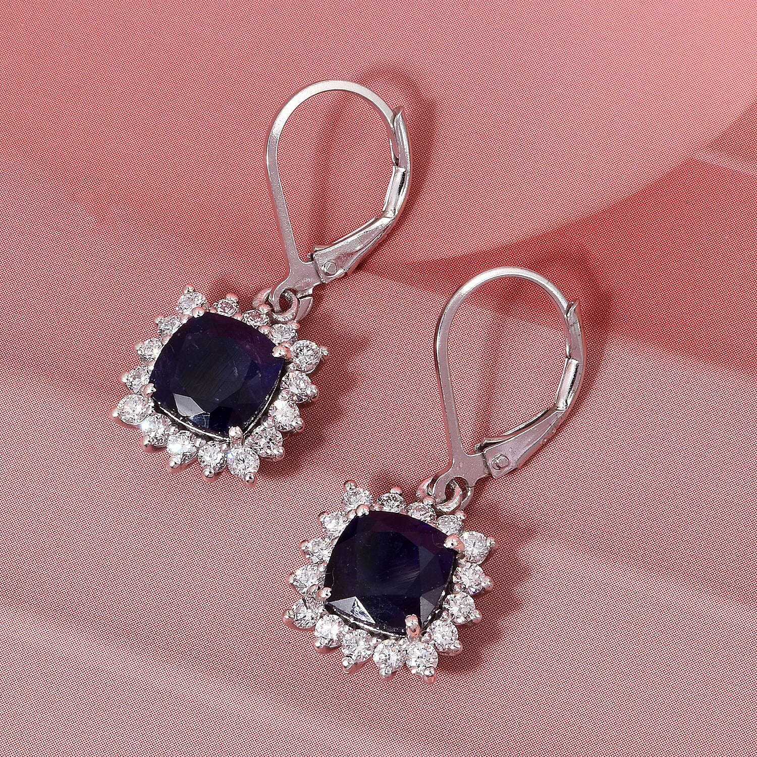 Luxuriant Masoala Sapphire & Lab Grown Diamond (SI-GH) Earring with Lever Back in Rhodium Overlay Sterling Silver 5.96 Ct.