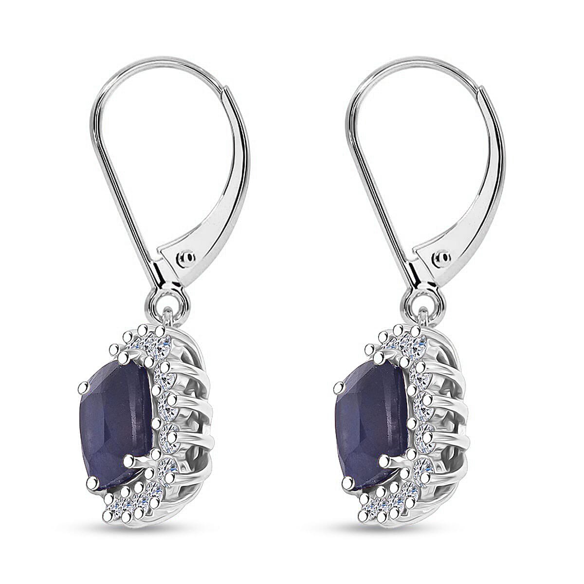 Luxuriant Masoala Sapphire & Lab Grown Diamond (SI-GH) Earring with Lever Back in Rhodium Overlay Sterling Silver 5.96 Ct.