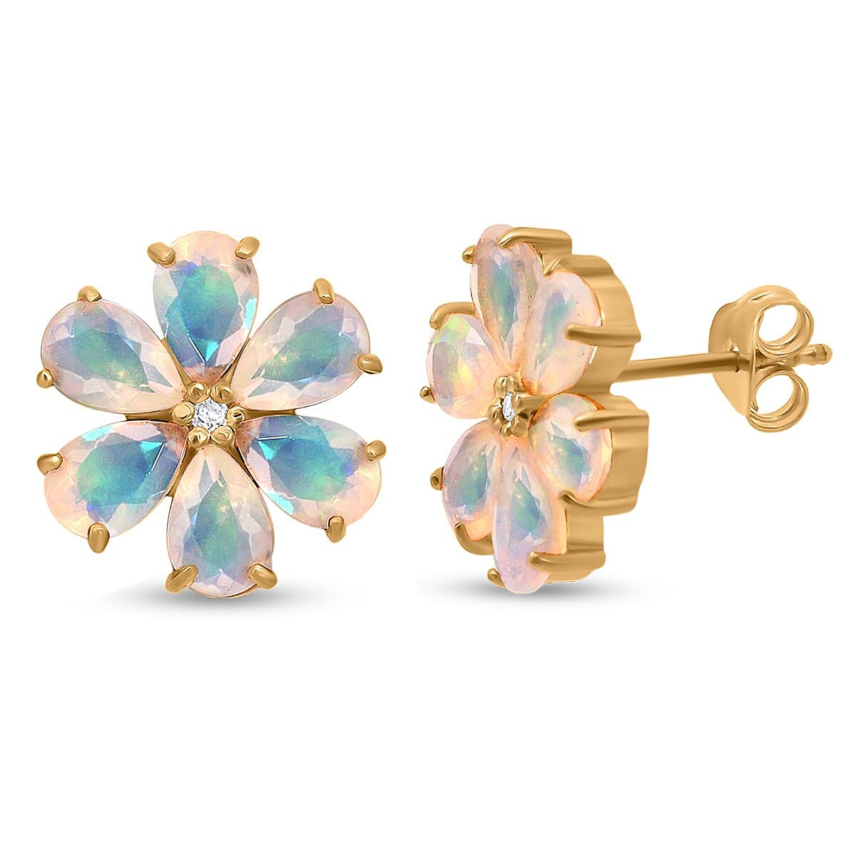 D'Joy Ethiopian Opal & White Zircon Earring with Push Back in 18K Yellow Gold Plating Sterling Silver 2.86 Ct.