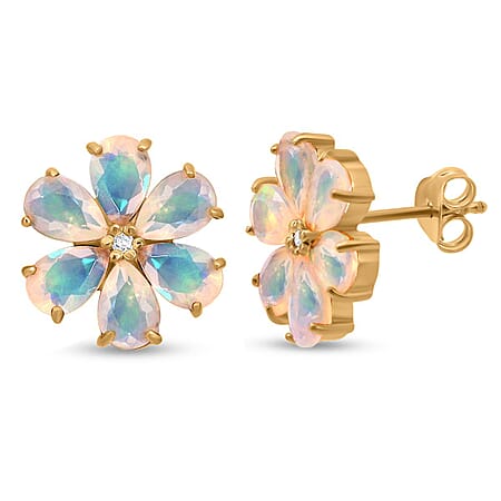 D'Joy Ethiopian Opal & White Zircon Earring with Push Back in 18K Yellow Gold Plating Sterling Silver 2.86 Ct.