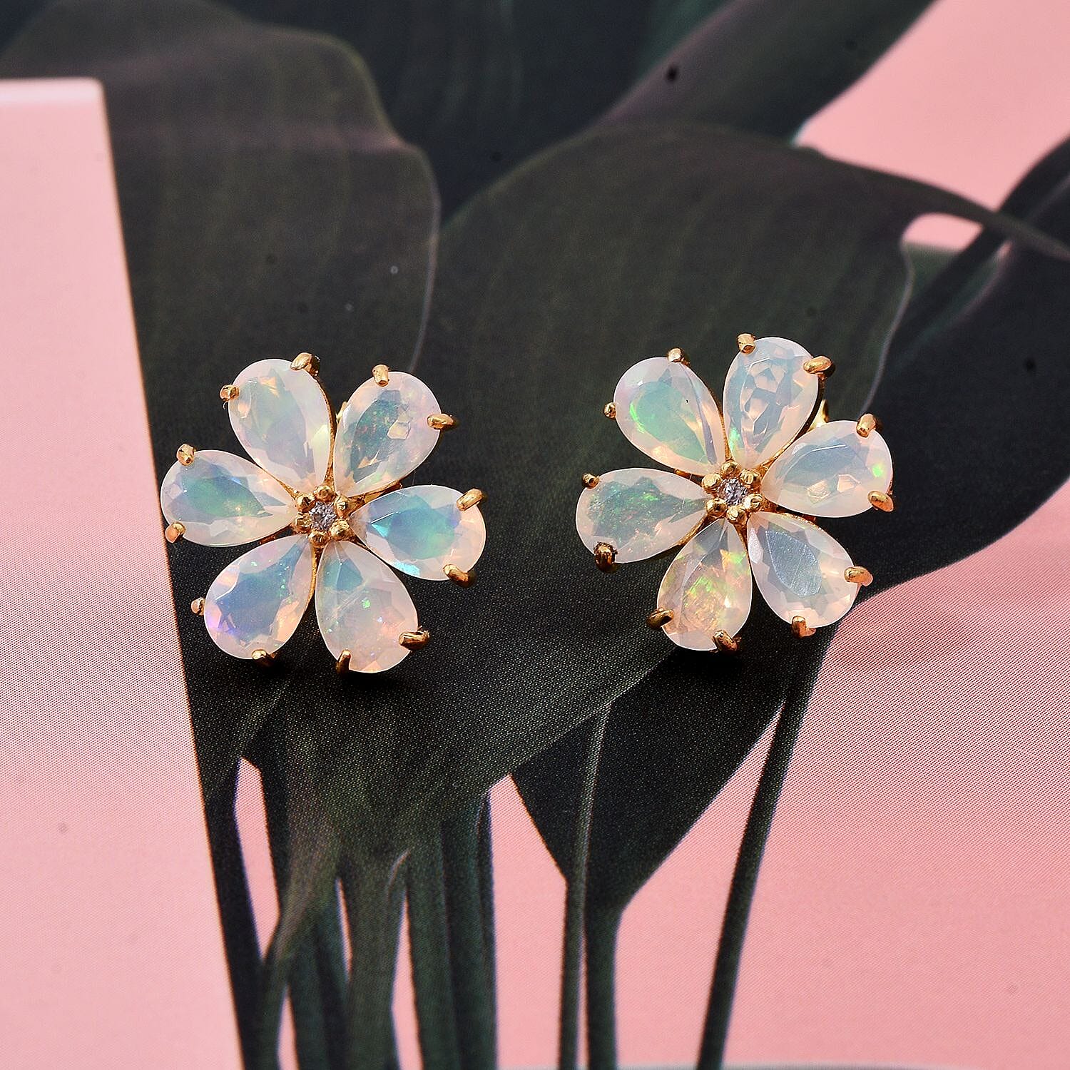 D'Joy Ethiopian Opal & White Zircon Earring with Push Back in 18K Yellow Gold Plating Sterling Silver 2.86 Ct.