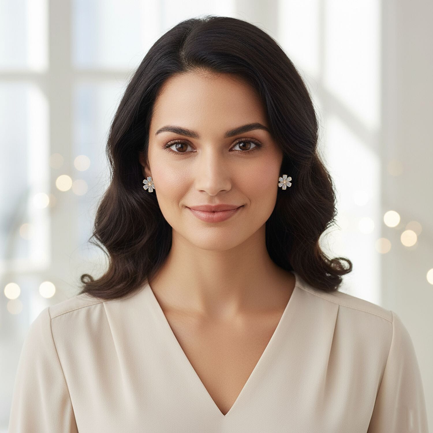 D'Joy Ethiopian Opal & White Zircon Earring with Push Back in 18K Yellow Gold Plating Sterling Silver 2.86 Ct.