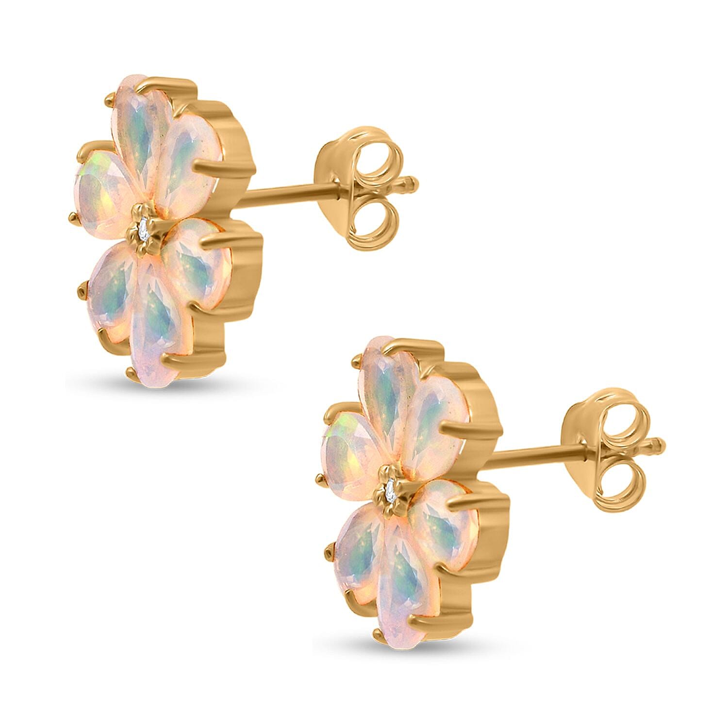 D'Joy Ethiopian Opal & White Zircon Earring with Push Back in 18K Yellow Gold Plating Sterling Silver 2.86 Ct.