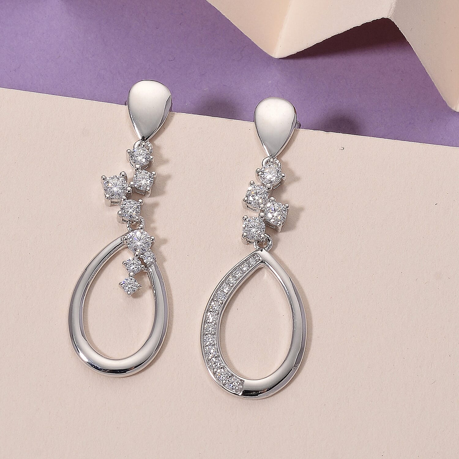 Lucy Q - Fluid Collection Moissanite Dangling Earring with Push Back in Rhodium Overlay Sterling Silver 2.15 Ct.