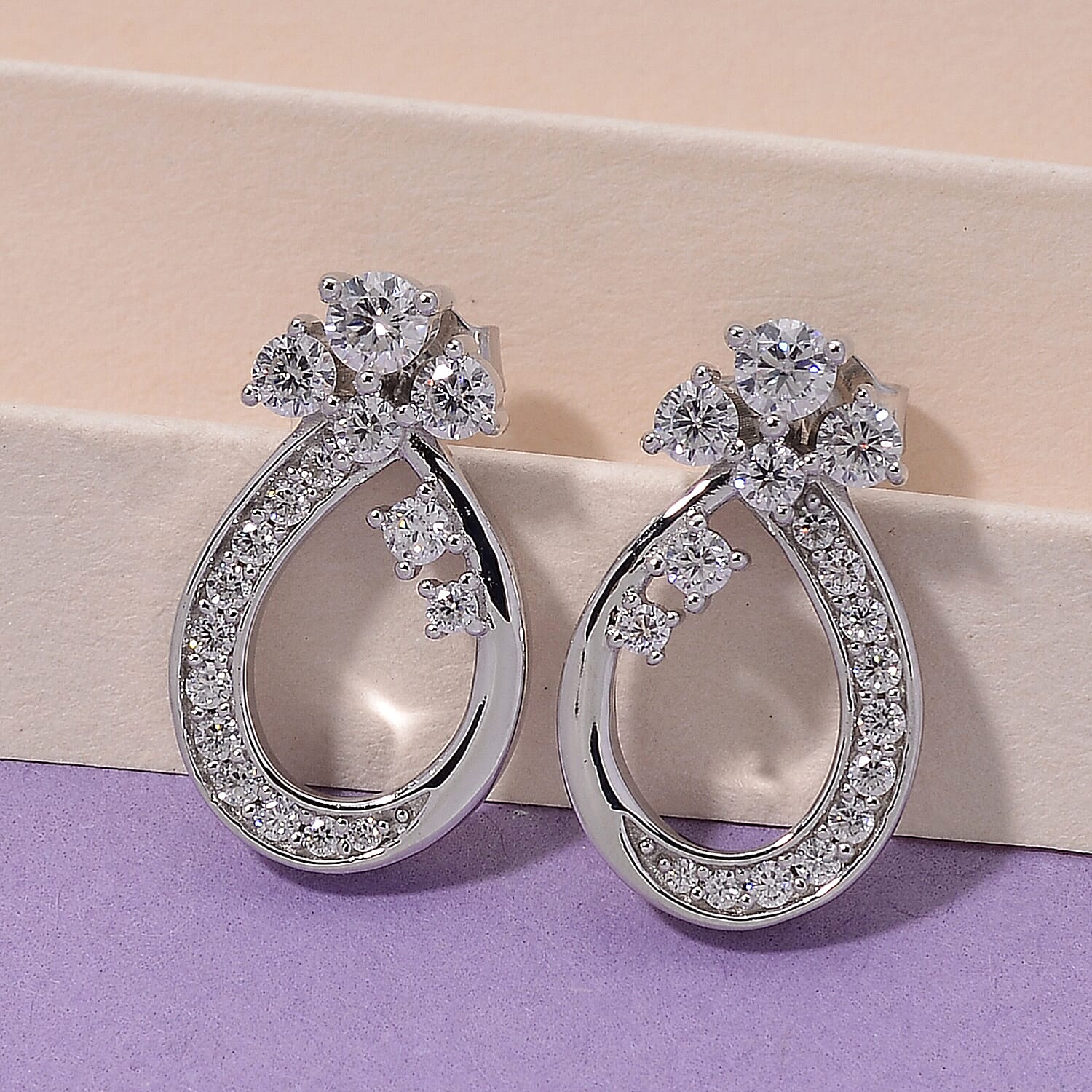 Lucy Q - Fluid Collection Moissanite Teardrop Earring with Push Back in Rhodium Overlay Sterling Silver