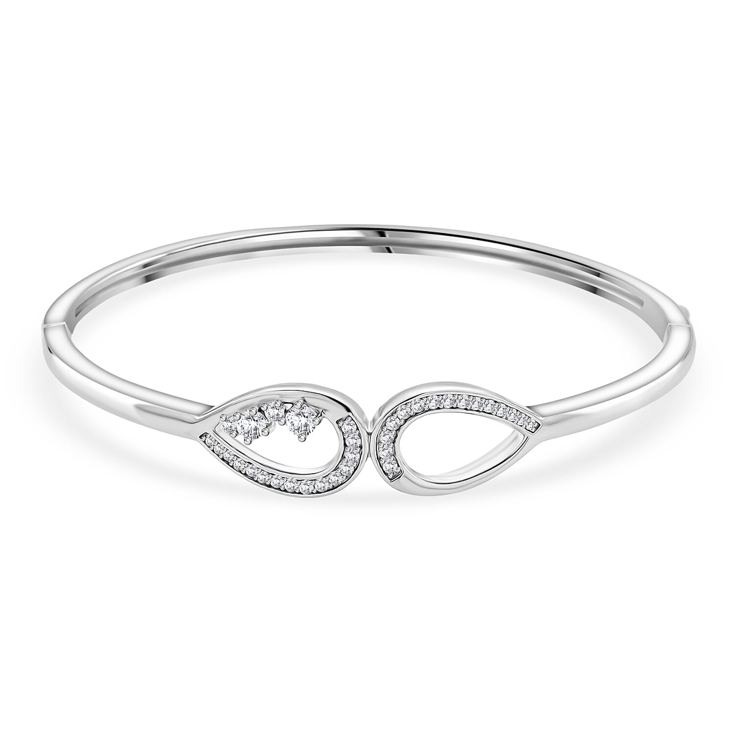 Lucy Q - Fluid Collection Moissanite Cuff Bangle (Size 7) in Rhodium Overlay Sterling Silver, Silver Wt. 14.00 Gms.