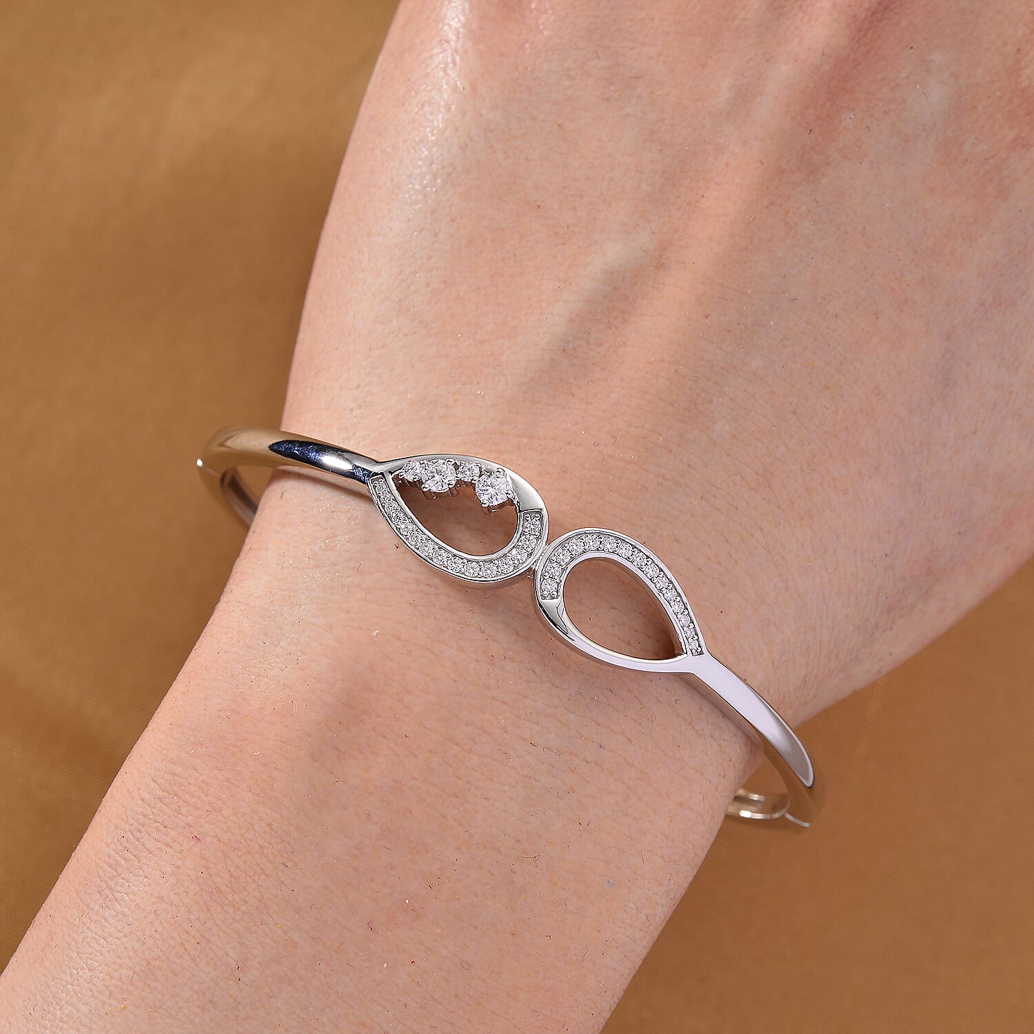 Lucy Q - Fluid Collection Moissanite Cuff Bangle (Size 7) in Rhodium Overlay Sterling Silver, Silver Wt. 14.00 Gms.