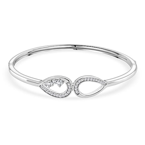 Lucy Q - Fluid Collection Moissanite Cuff Bangle (Size 7.5) in Rhodium Overlay Sterling Silver, Silver Wt. 14.30 Gms.