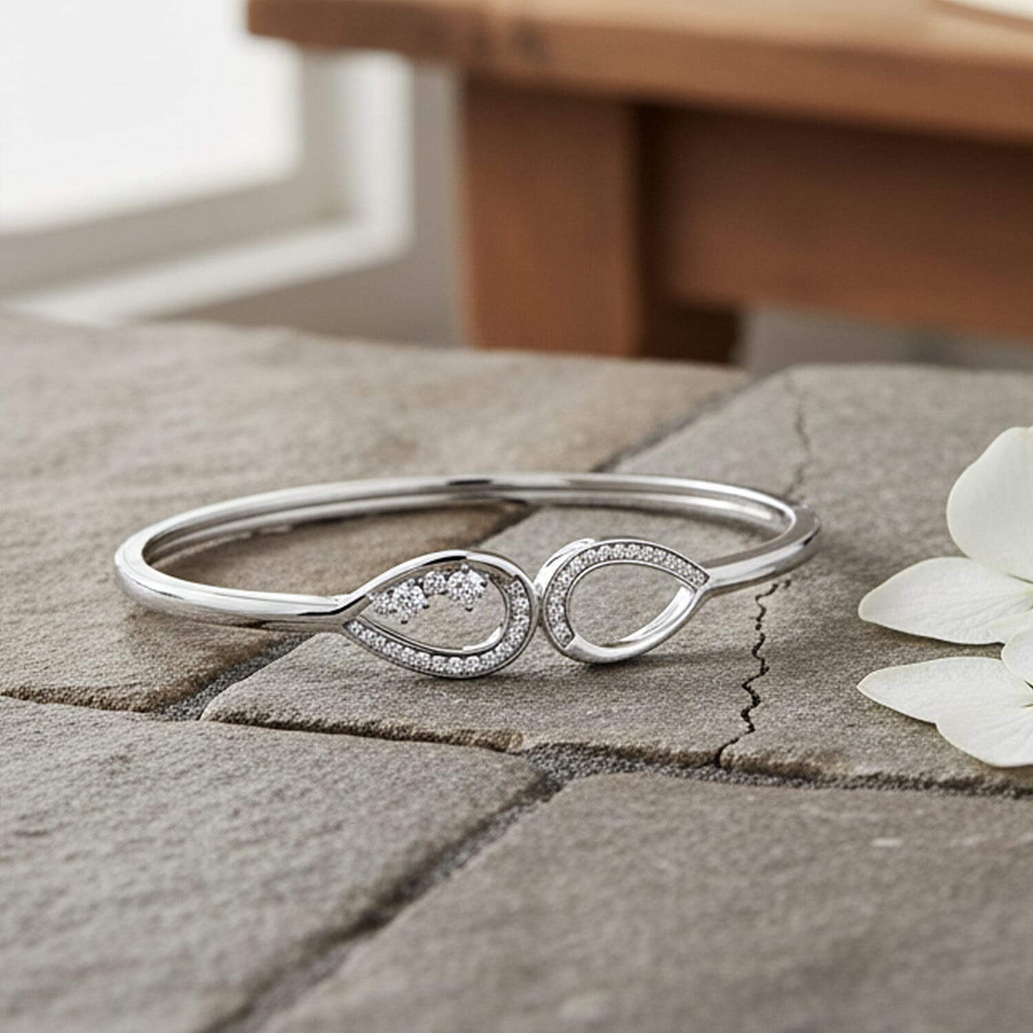 Lucy Q - Fluid Collection Moissanite Cuff Bangle (Size 8) in Rhodium Overlay Sterling Silver, Silver Wt. 15.50 Gms.