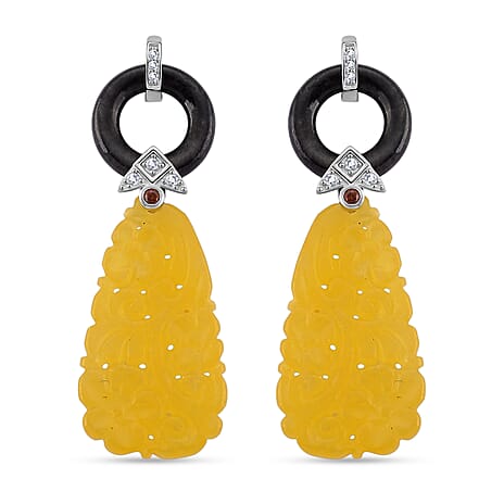 D'Joy Honey Jade, Red Garnet, Black Jade & White Cubic Zirconia Beads Earring with Push Back in Rhodium Overlay Sterling Silver 45.00 Ct.