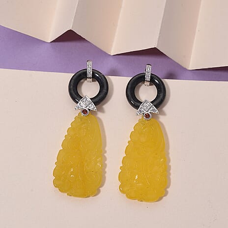 D'Joy Honey Jade, Red Garnet, Black Jade & White Cubic Zirconia Beads Earring with Push Back in Rhodium Overlay Sterling Silver 45.00 Ct.