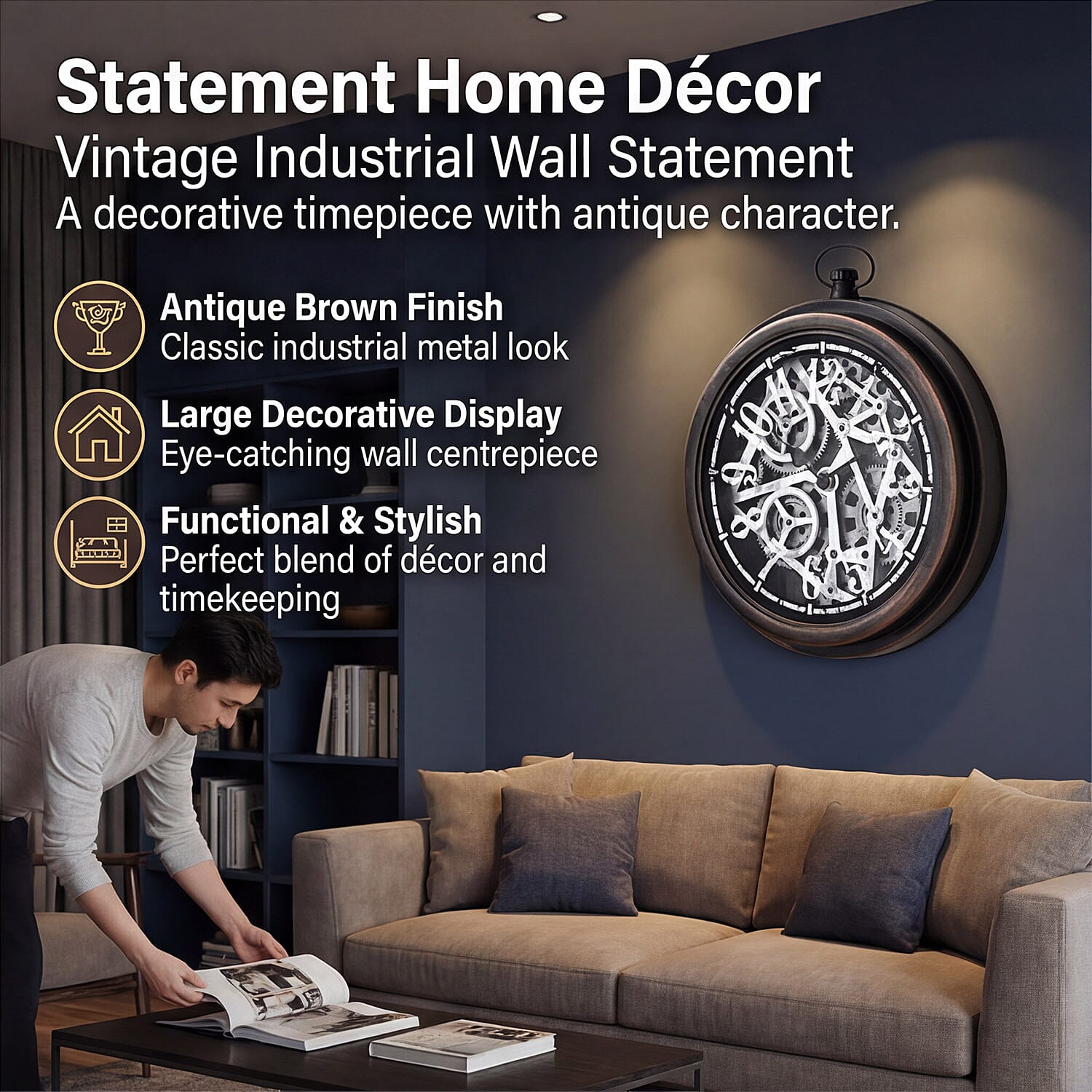 Rotating Gear Skeleton LED Wall Clock - Brown