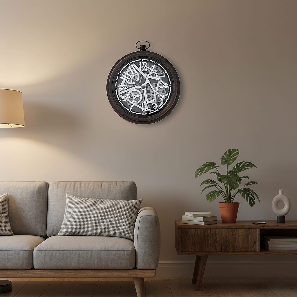Rotating Gear Skeleton LED Wall Clock - Brown