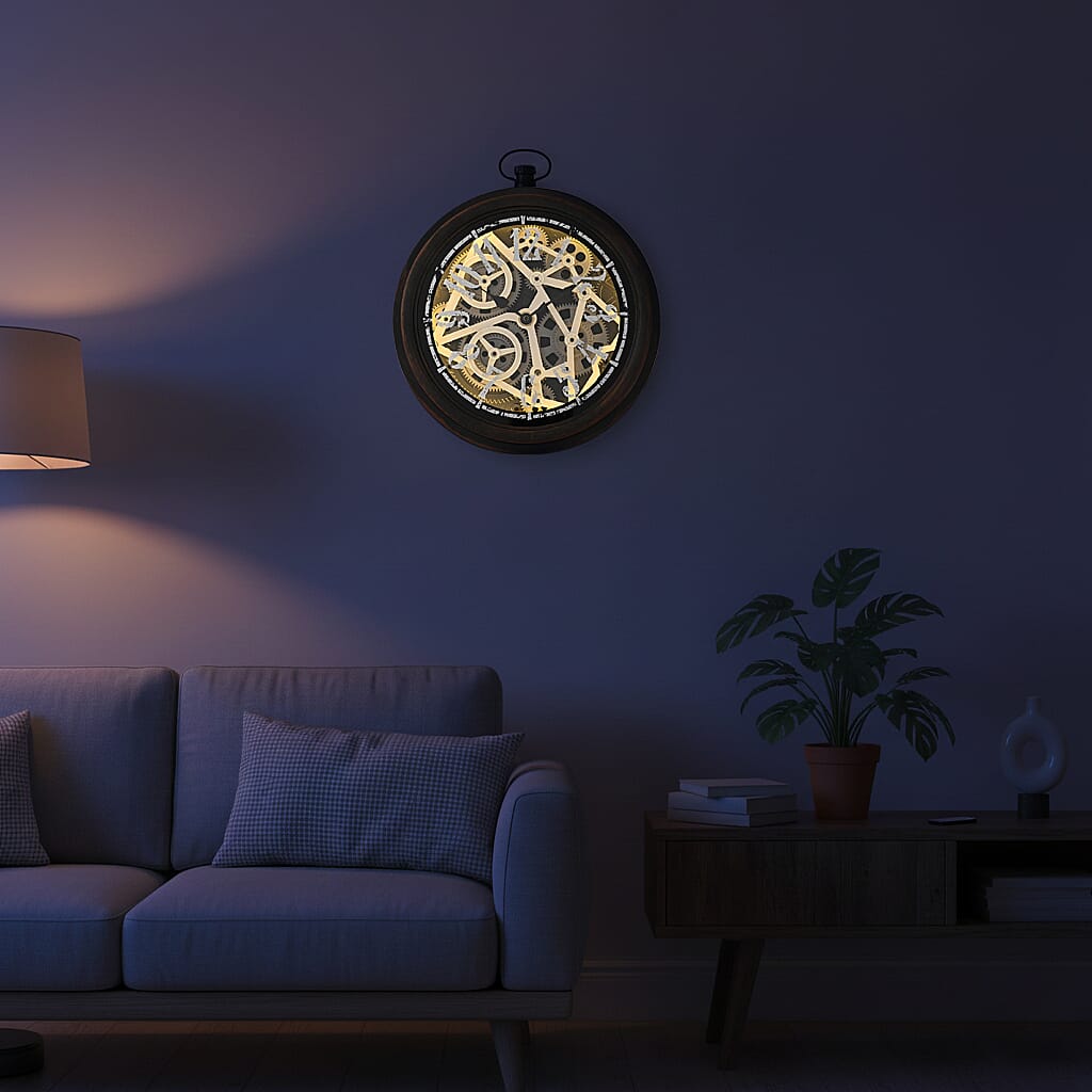 Rotating Gear Skeleton LED Wall Clock - Brown