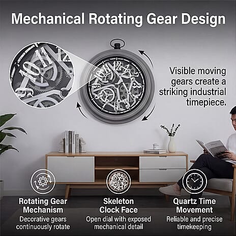 Rotating Gear Skeleton LED Wall Clock - Grey