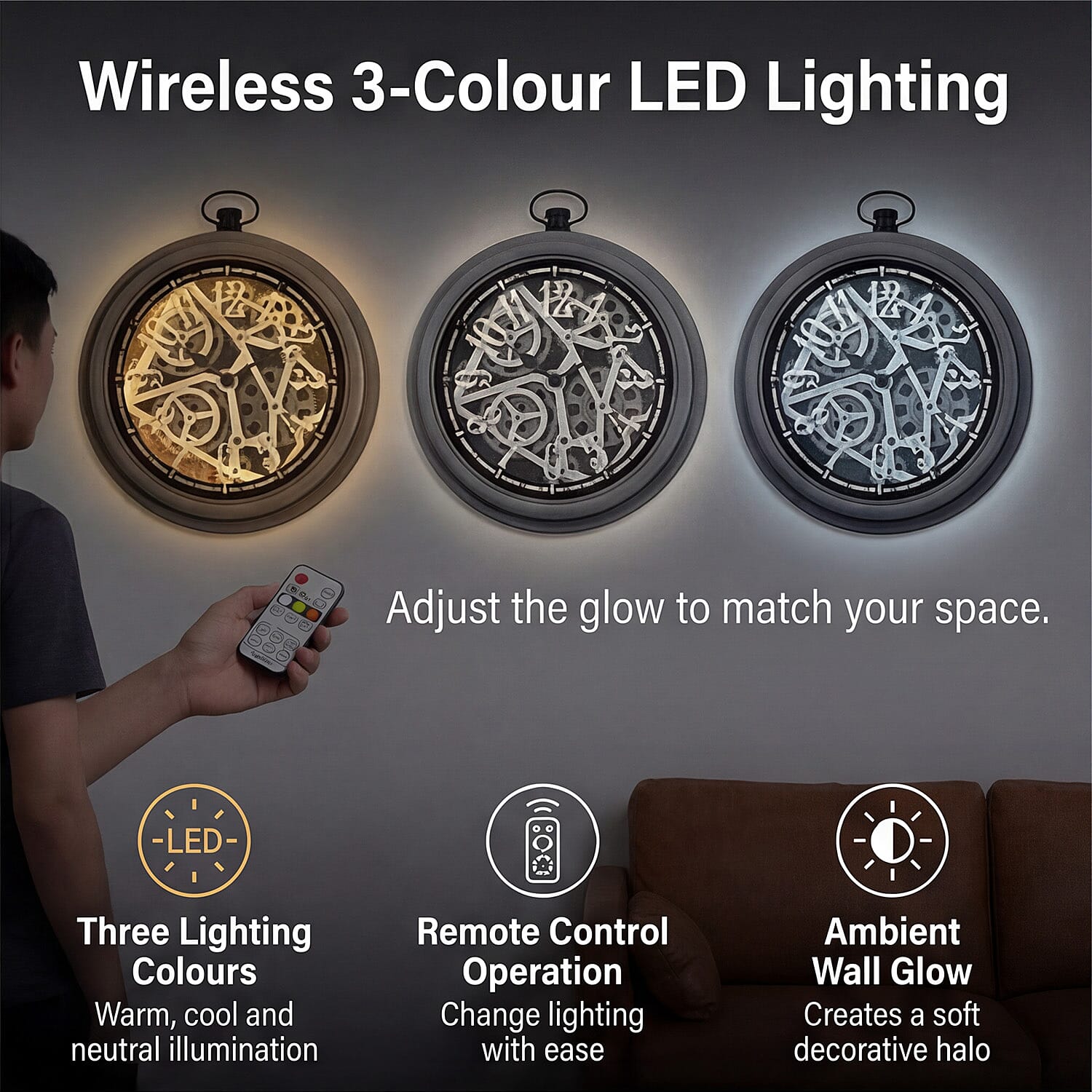 Rotating Gear Skeleton LED Wall Clock - Grey